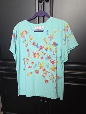 Quacker Factory Aqua Floral V-Neck Flutter Sleeve Tee